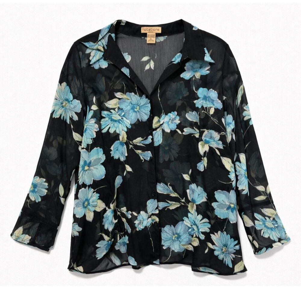 Notations Woman Sheer Floral Blouse 1X Blue Black Chiffon Career Office‎ Top